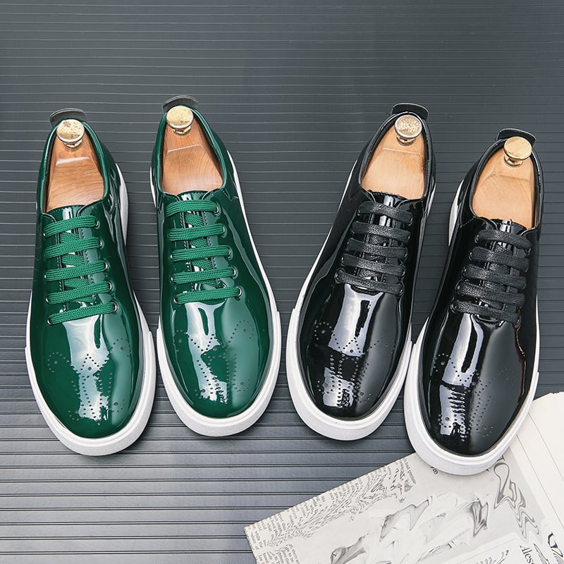 winter New mirror face Patent Leather Casual Shoes Men's Lace-Up Sneakers Green Carved Designer Leather Shoes
