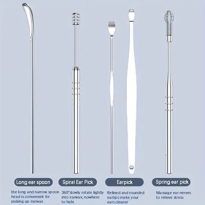 6Pcs/Set Stainless Steel Spiral Ear Pick Spoon Ear Wax Removal Cleaner Multifunction Portable Ear Pick Ear Care Beauty Tools &
