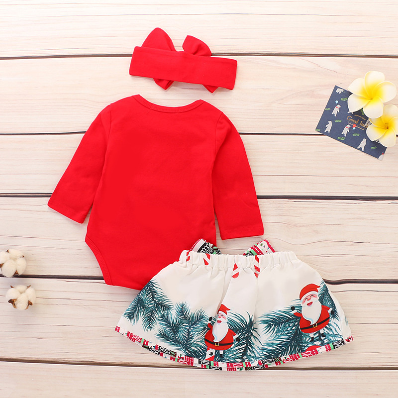 3PCS Christmas Newborn Baby Girl Romper+Skirt +Headband Red Outfits Xmas Clothes Set