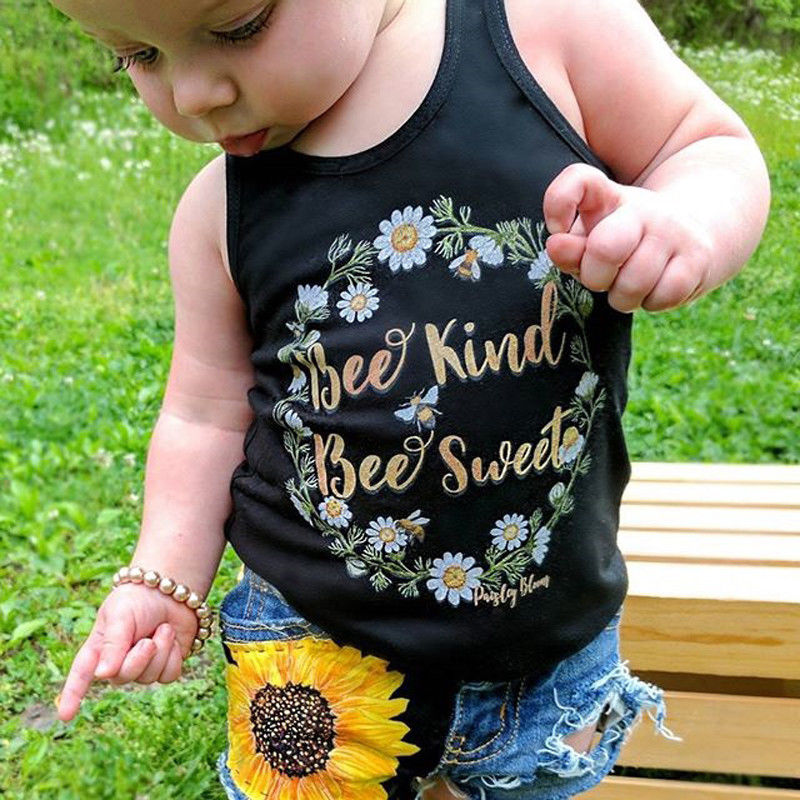 Children's clothing Toddler Kids Girls Sleeveless Flowers Printing T-shirt+Printed denim shorts Set 2Pcs