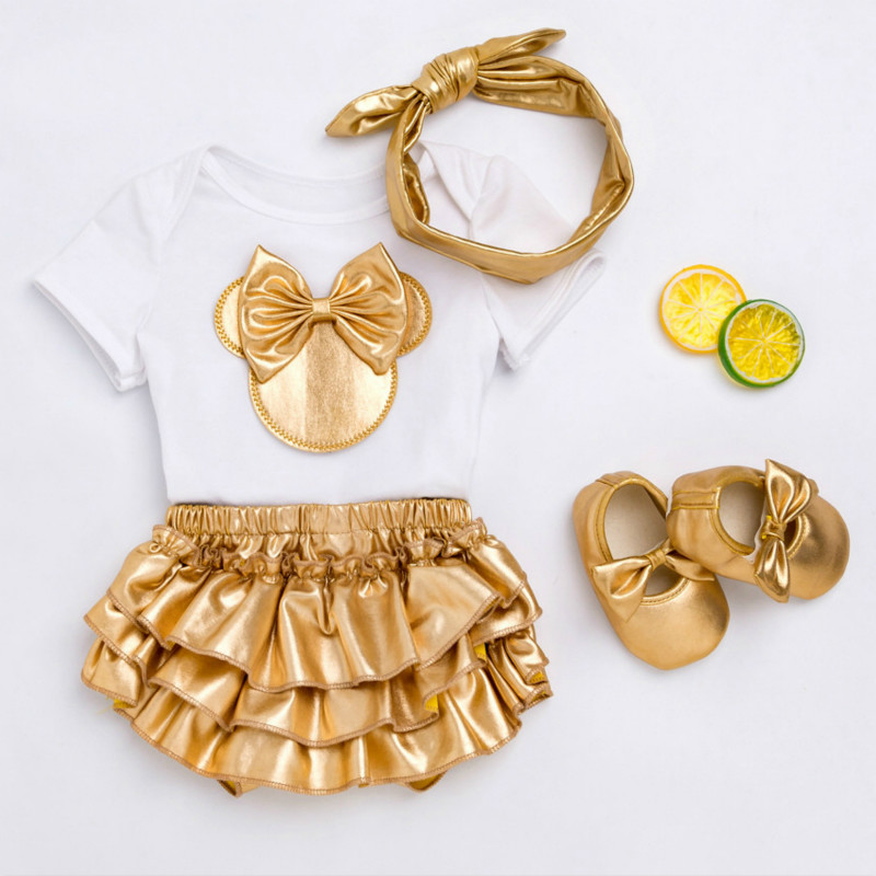 Baby Girl Clothes 3pcs Clothing Sets Black Cotton Rompers Golden Ruffle Bloomers Shorts Shoes Headband Newborn Clothes
