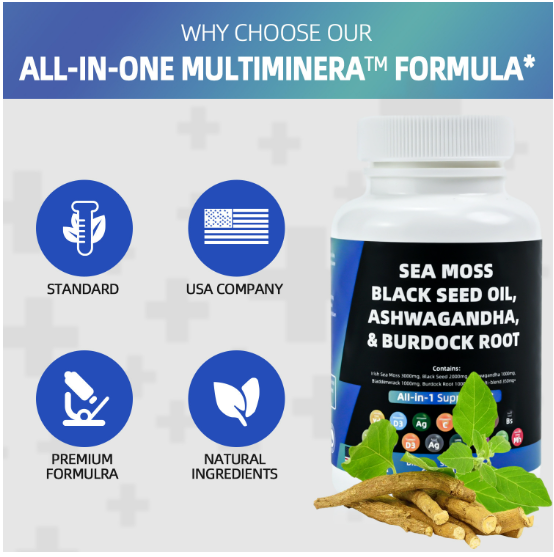 Sea Moss Capsules Contain Black Seed Turmeric & Vitamin D Plant-Based Daily Mineral All in One Supplement 60 Count Per Bottle