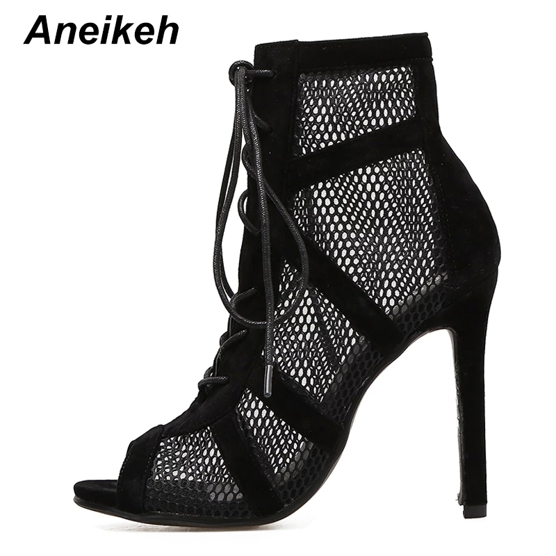 Fashion Basic Sandals Boots Women High Heels Pumps Sexy Hollow Out Mesh Lace-Up Cross-tied Boots Party Shoes Party
