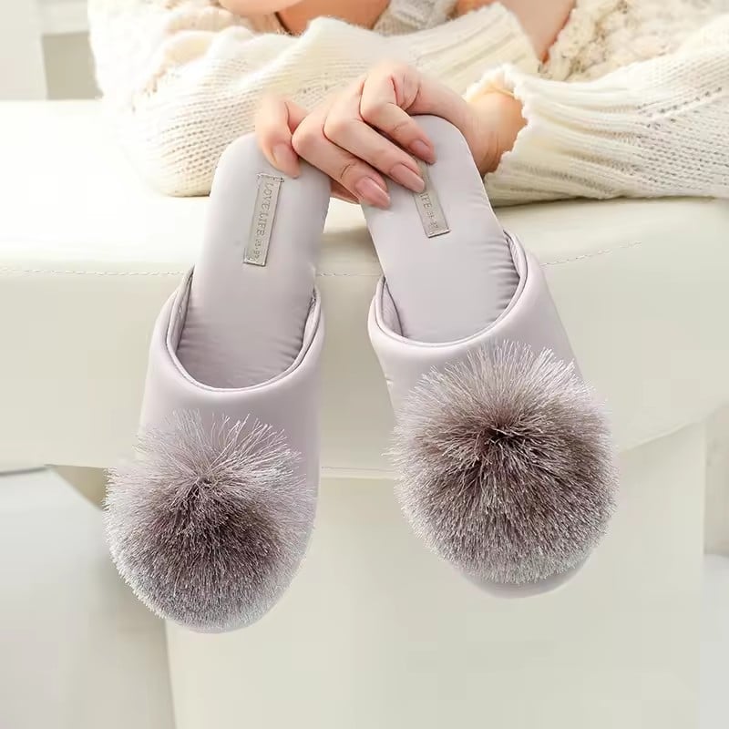 1 Pair Fashion Women Satin Slippers With Plush Ball Thin Cool Indoor Floor Flat Home Shoes Bedroom Slippers