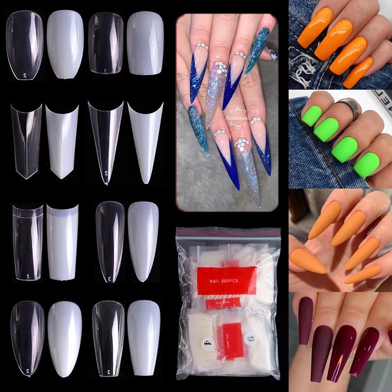 500 Tips Kit Bagged Fake False Nails Full Half French Acrylic ABS For Manicure Fingers Toes Set C Smile Sharp 10 Sizes