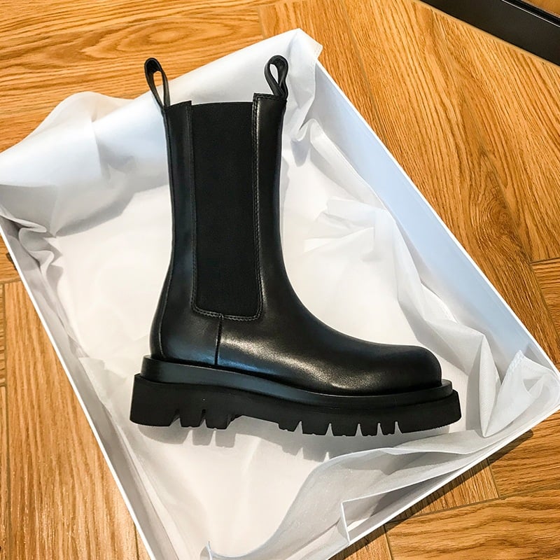 Real soft leather tall Martin boots women's autumn new round toe thick heel side zipper thick sole mid-length leather boots