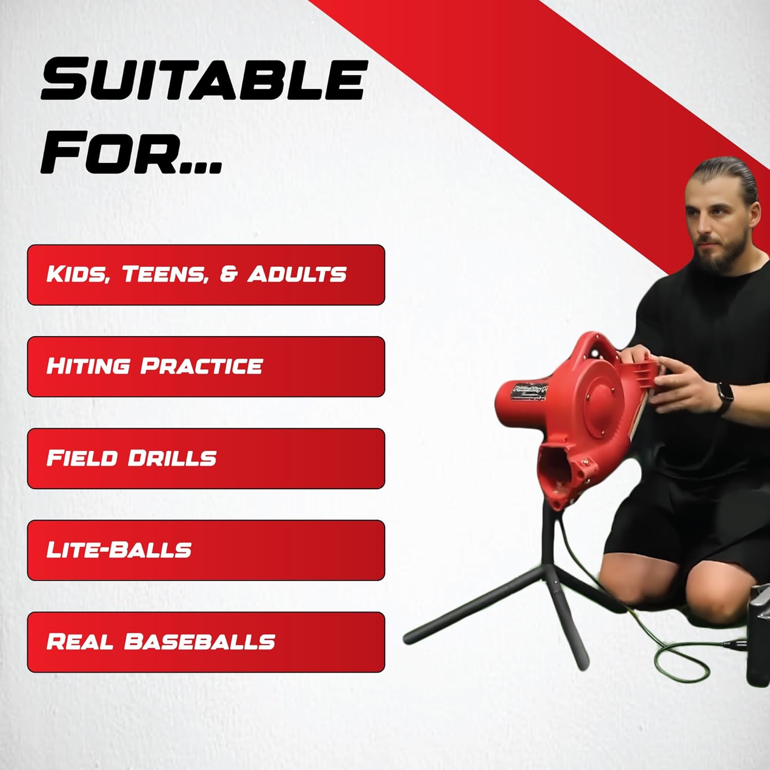 Heater Sports Base Hit Adjustable Real Baseball Pitching Machine – 45 MPH Pitching Speed, Includes Automatic Ball Feeder | Perfect for Hitting and Fie