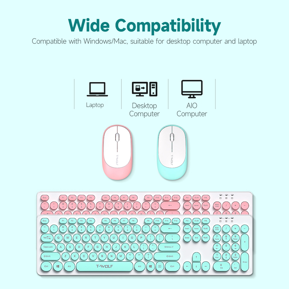 T-WOLF TF770 2.4G Wireless Keyboard Mouse Combo Retro Punk Round Keycap Comfortable Mute Typing keyboard mouse for PC Laptop