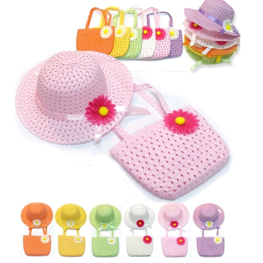 9color Sunflower Summer Sun Hat Girls Kids child Beach Hats Bags Floral Flower Straw Hats Caps + Tote Handbag Suit for 1-6 Years