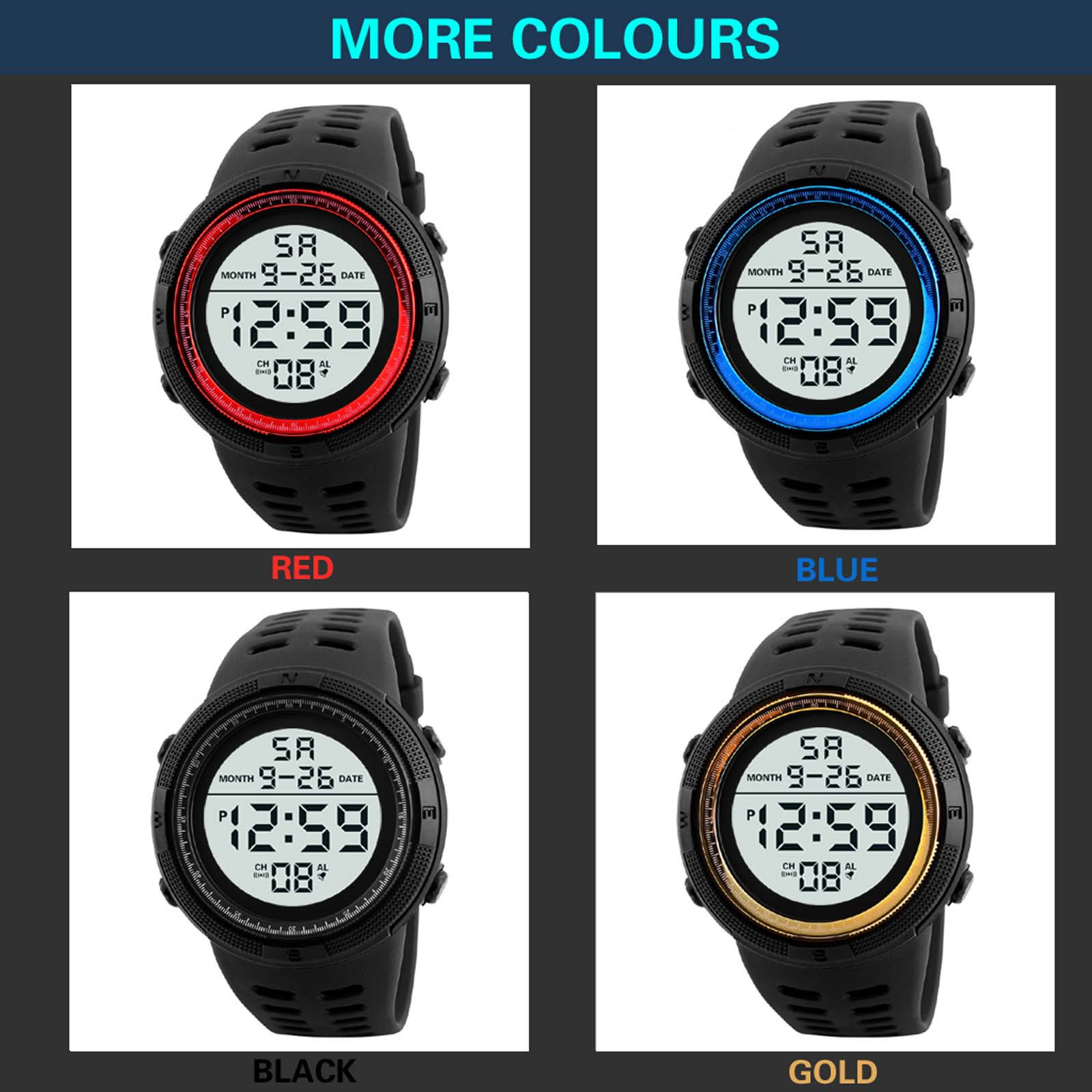 Sport Digital Round Watch Luminous LED Dial Casual Multifunction Clock Outdoor Rubber Strap Fashionable Waterproof Watch For Men