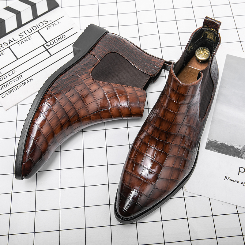 Men Fashion Leather Slip-on Ankle Boots Pointed Toe Low Heel Shoes Male Casual Classic Chelsea Boots Mens Boots and Luxury Shoes