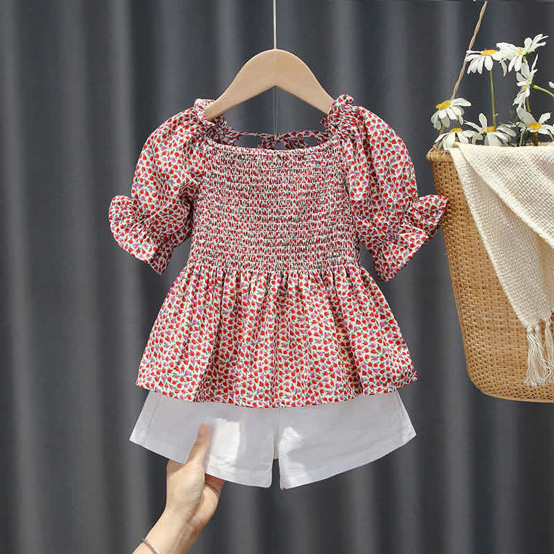 Fashion Toddler Kids Baby Girls Single Shoulder Ruffled collar Top Denim Hot Shorts Outfits Set Clothes