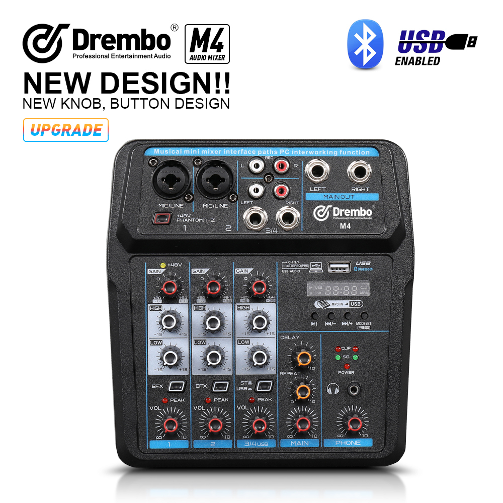 Drembo M-4/6 Protable Mini Mixer Audio DJ Console with Sound Card, USB,48V Phantom Power for PC Recording Singing Webcast Party