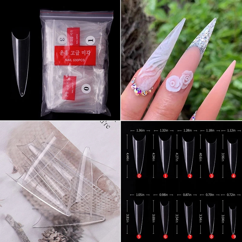 500pcs Stiletto Sharp Nail Tips French Acrylic False Nail Tips Clear/Natural Pointy Nail Fake Tips UV Gel Manicure Nail Art Tool