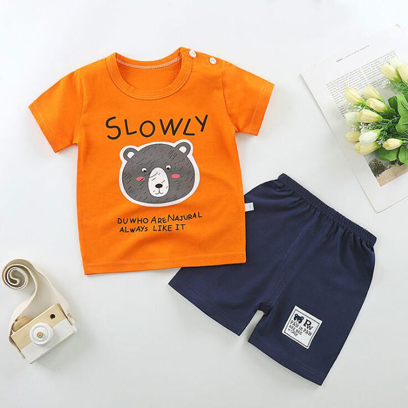 Children kids clothing two pieces sets baby boys girls cartoon slowly bear t-shirt summer shorts cotton suit