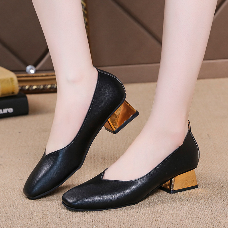 High Heel Single Shoe Women's 2023 New Fashion Shallow Mouth Square Head One Step Retro Thick Heel Large Size Work Shoes