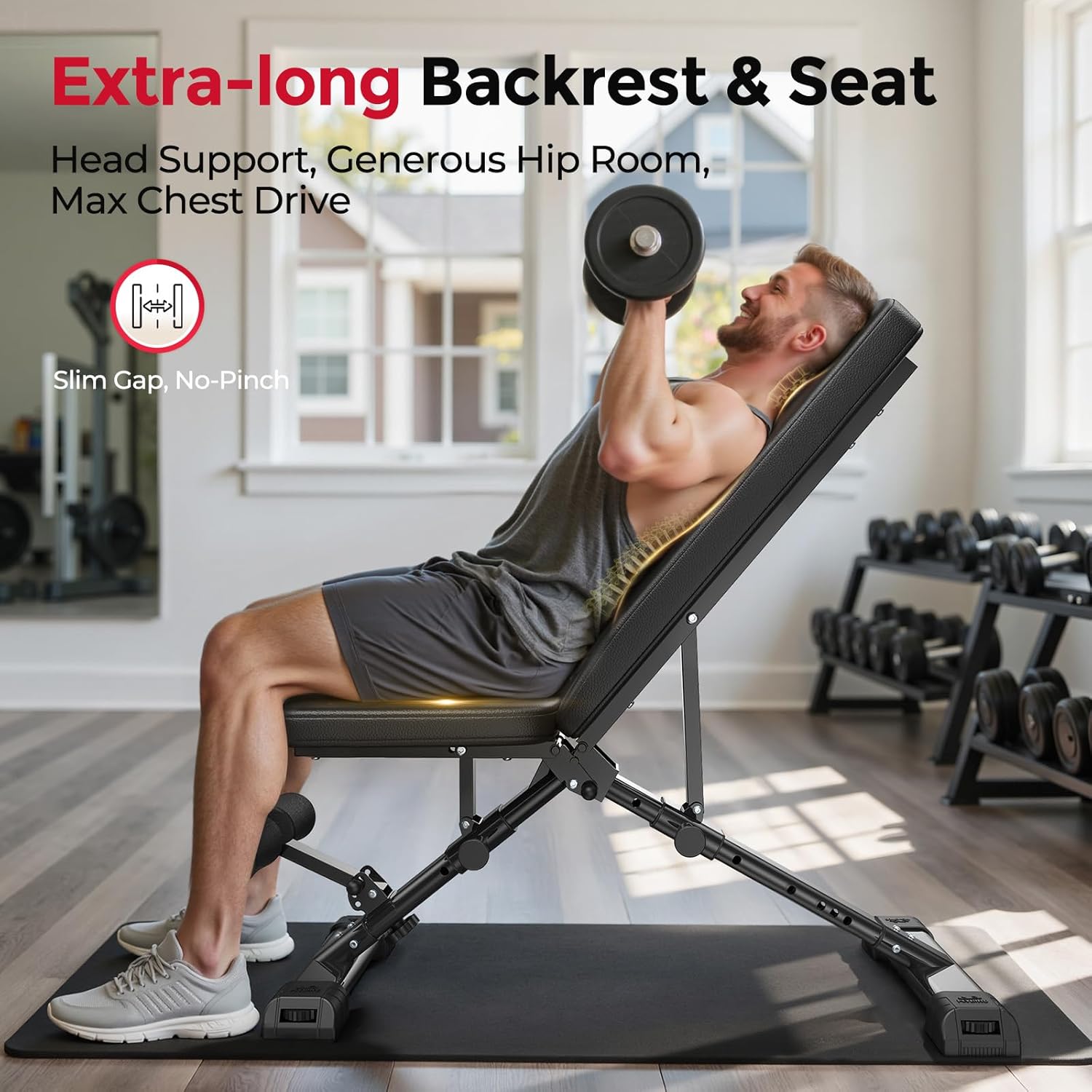FLYBIRD WB5 Weight Bench, ASTM-Certified 800LBS Adjustable Weight Bench Workout Bench Foldable for Home Gym, 90° to -30° FID and 30in Extended Backres