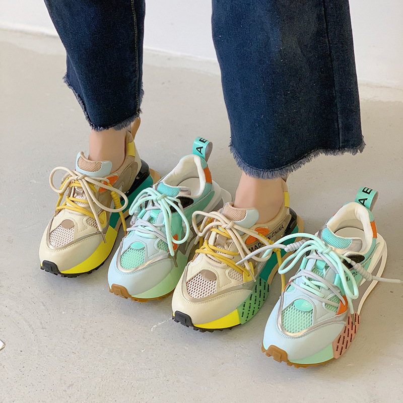 Breathable and versatile sports casual trendy shoes, soft leather dad shoes, women's summer new fashion contrast color thic