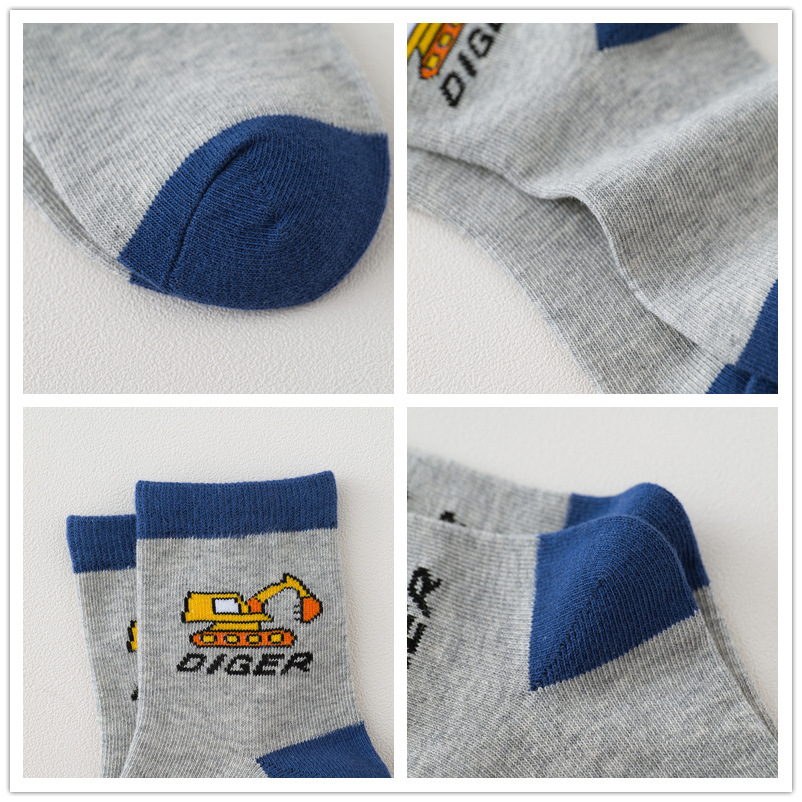 5 pairs of children's socks Spring and Autumn pure cotton car cartoon boys' medium tube socks