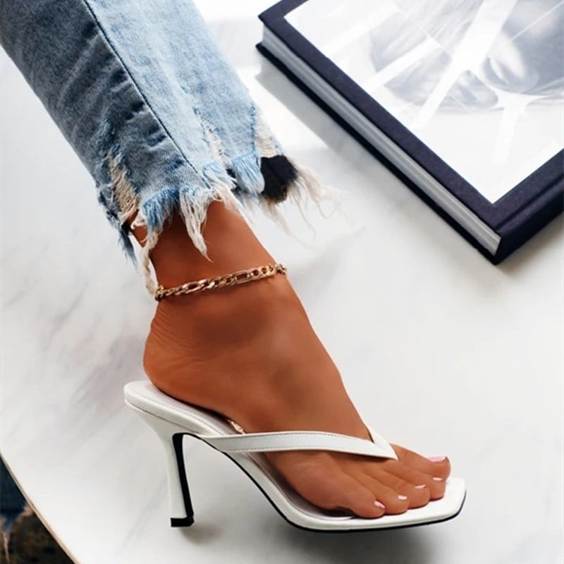 summer new high heel sandals and slippers women's square toe flip-flops large size open-toed slippers