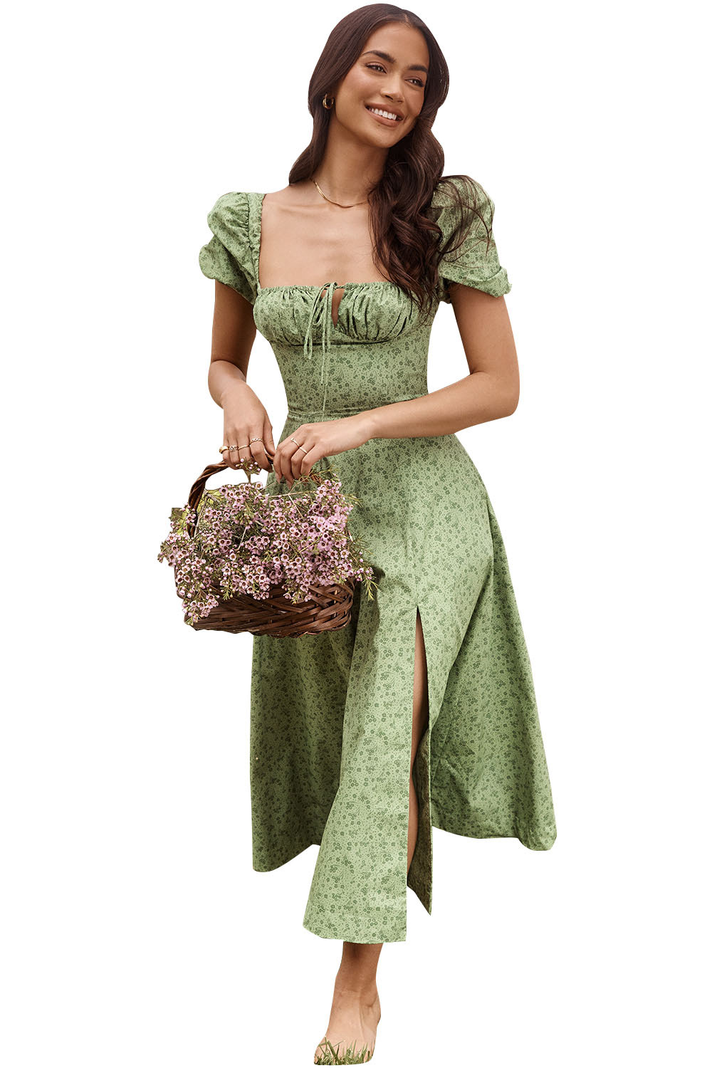 2024 New Summer Fashion Bubble Sleeve Floral Lace Open Skirt Dress for Women