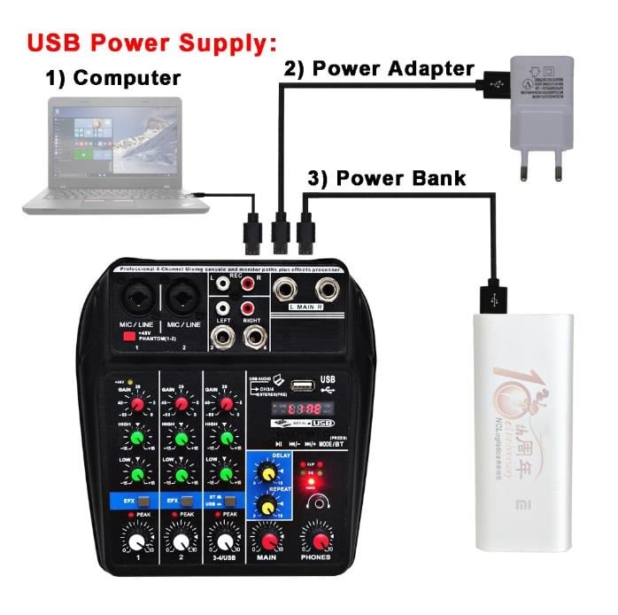 Sound Mixing Console Bluetooth USB Record Computer Playback 48V Phantom Power Delay Repaeat Effect 4 Channels USB Audio Mixer