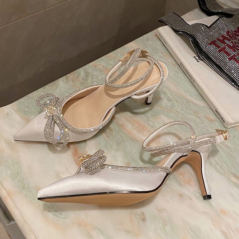 New Fashion Glitter Rhinestones Women Pumps Crystal Bowknot Silk Pointed Toe Buckle Strap Thin High Heels Party Prom Shoes