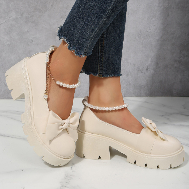 Foreign Trade Women's Shoes Spring New Round Head Elevated Thick Sole Mary Jane Shoes Pearl Buckle Japanese JK Small Leather Sho