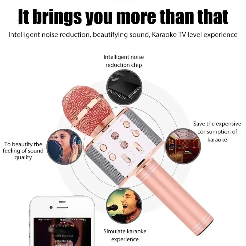 WS858L Professional Handheld Wireless Karaoke Microphone USB Speaker Microphone for Kids Music Player Singing Recorder KTV