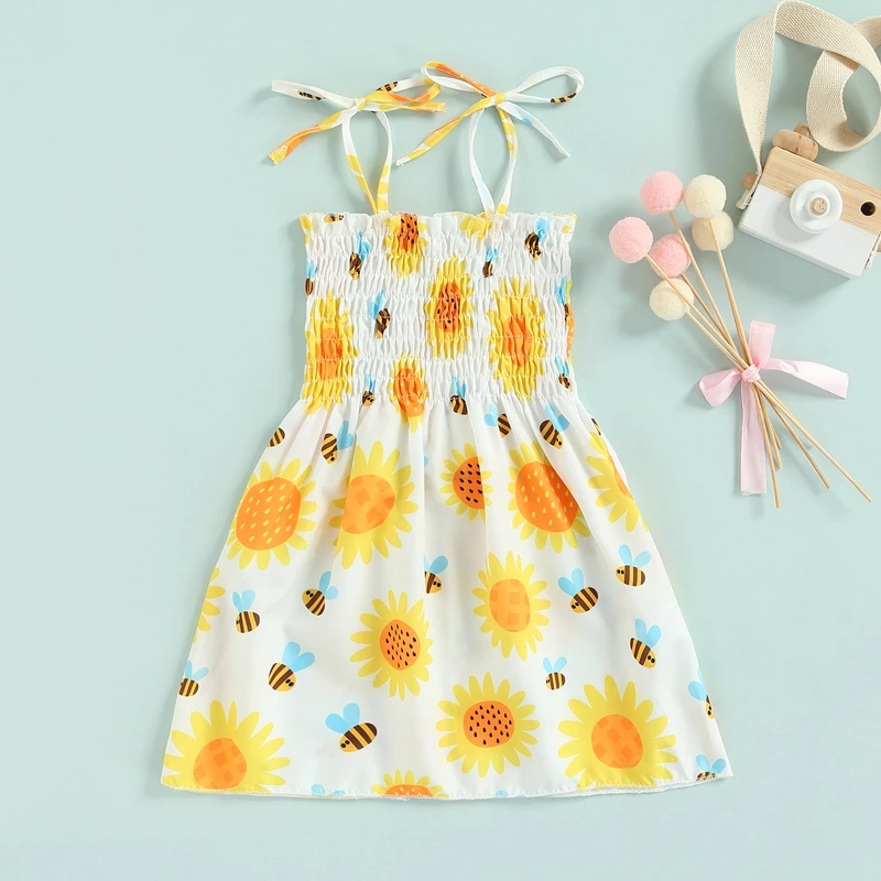 FOCUSNORM 1-6Y Summer Kids Girls Holiday Dress 5 Style Strap Sleeveless Lace Up High Waist Printing A-Line Sundress