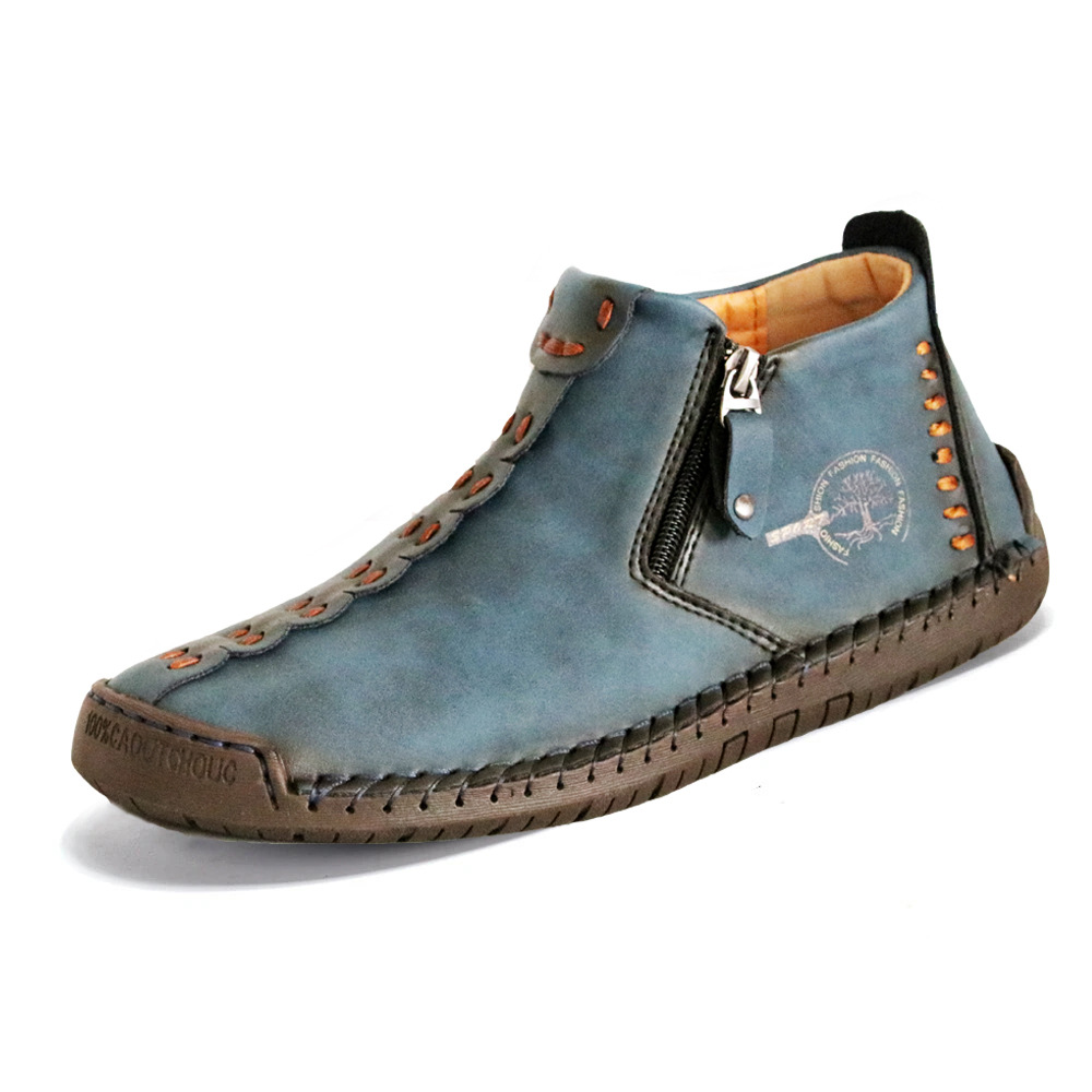 Hand-stitched leather boots men's shoes casual put on patent leather boots zipper retro leather ankle boots