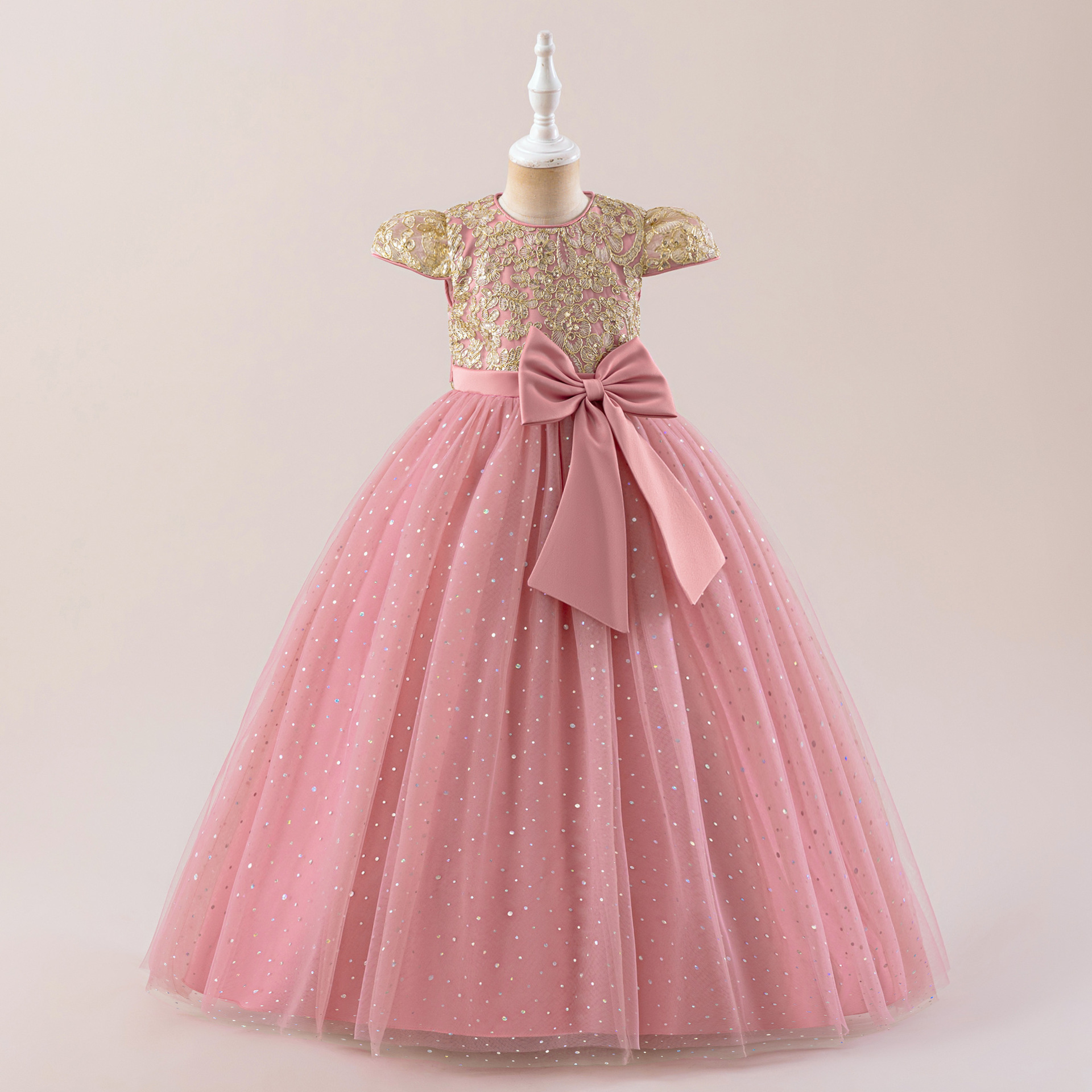 Girls' formal dress with bubble sleeves and sequined wedding dress, flower girl princess long dress