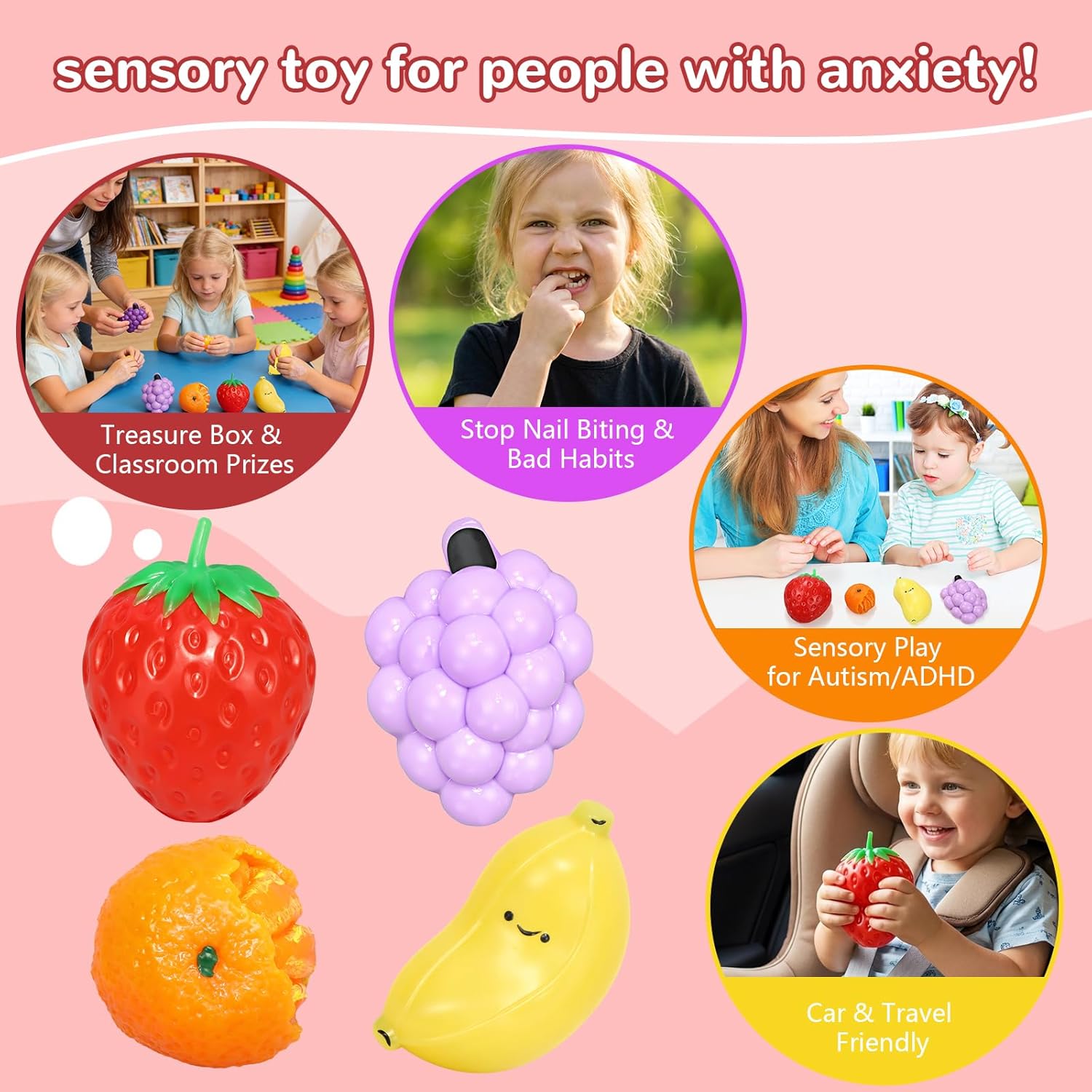 4Pcs Fruit Squishies Squeeze Toys Set, Sunny Day, Food Squishies with Strawberry Banana Orange Squishy, Fidget Toys, Washable Safe Soft Stress Relief