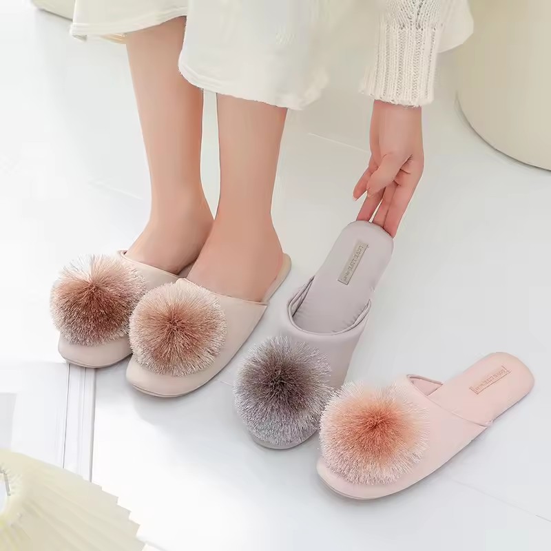 1 Pair Fashion Women Satin Slippers With Plush Ball Thin Cool Indoor Floor Flat Home Shoes Bedroom Slippers