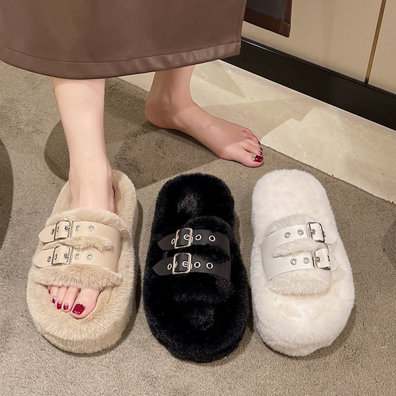 Small and thick soled plush slippers for women wearing 2023 new high rise belt buckle cotton slippers
