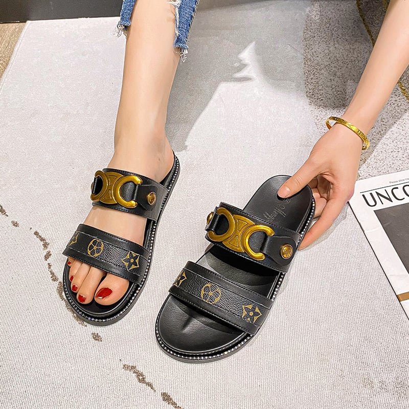 Thick soled slippers women's sandals summer outerwear retro fashion one line strap large flat shoes 41-43