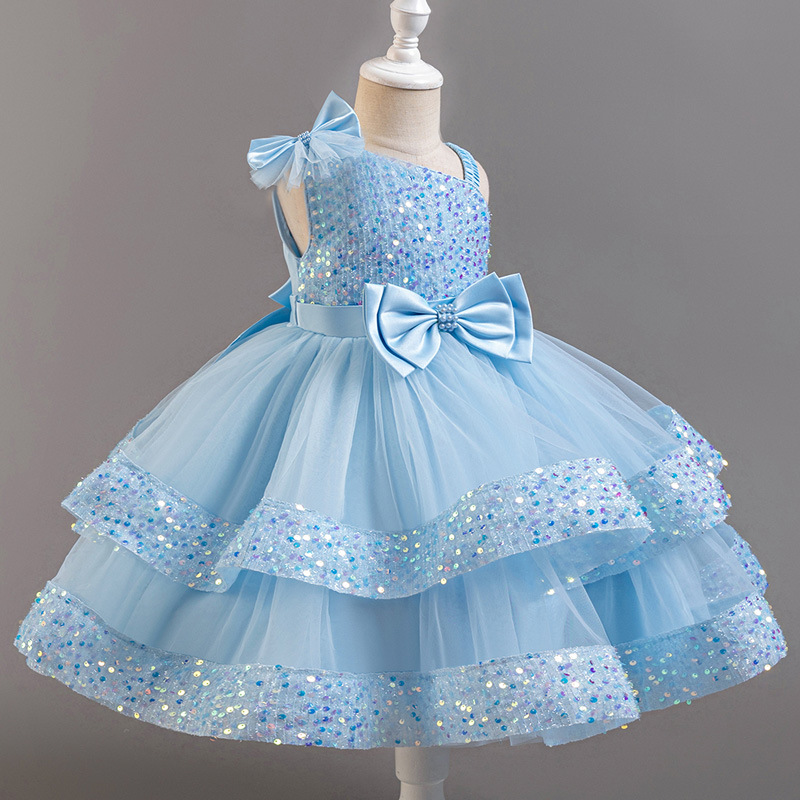 New children's sequined fluffy mesh cake princess dress, baby girl's first year banquet evening dress