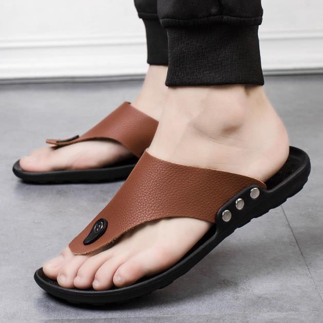 Men's Fashion Men Casual PU Leather Black White Brown Non-slip Flats Beach Sandals Shoe Slippers Flip Flop Sandal Shoes
