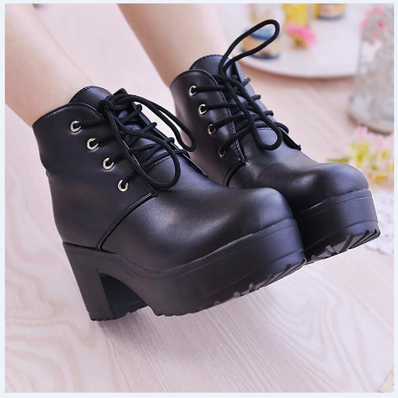 Women's Lolita Shoes JK Round Toe Shoes Lace-up School Uniform Dress Shoes for Girls Women Cosplay Sweet High Heel Boots