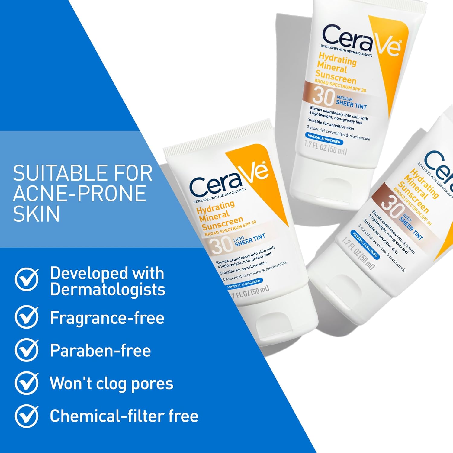CeraVe Hydrating Mineral Sunscreen SPF 30 with Sheer Tint, Tinted Mineral Sunscreen with Zinc Oxide & Titanium Dioxide, Blends Seamlessly For Healthy