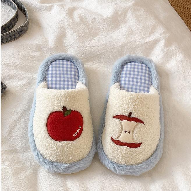 1 Pair Cute Red Apple Cotton Slippers for Women Winter Comfortable Home Use Anti-Slip Warm Maternity Slippers New Furry Slippers