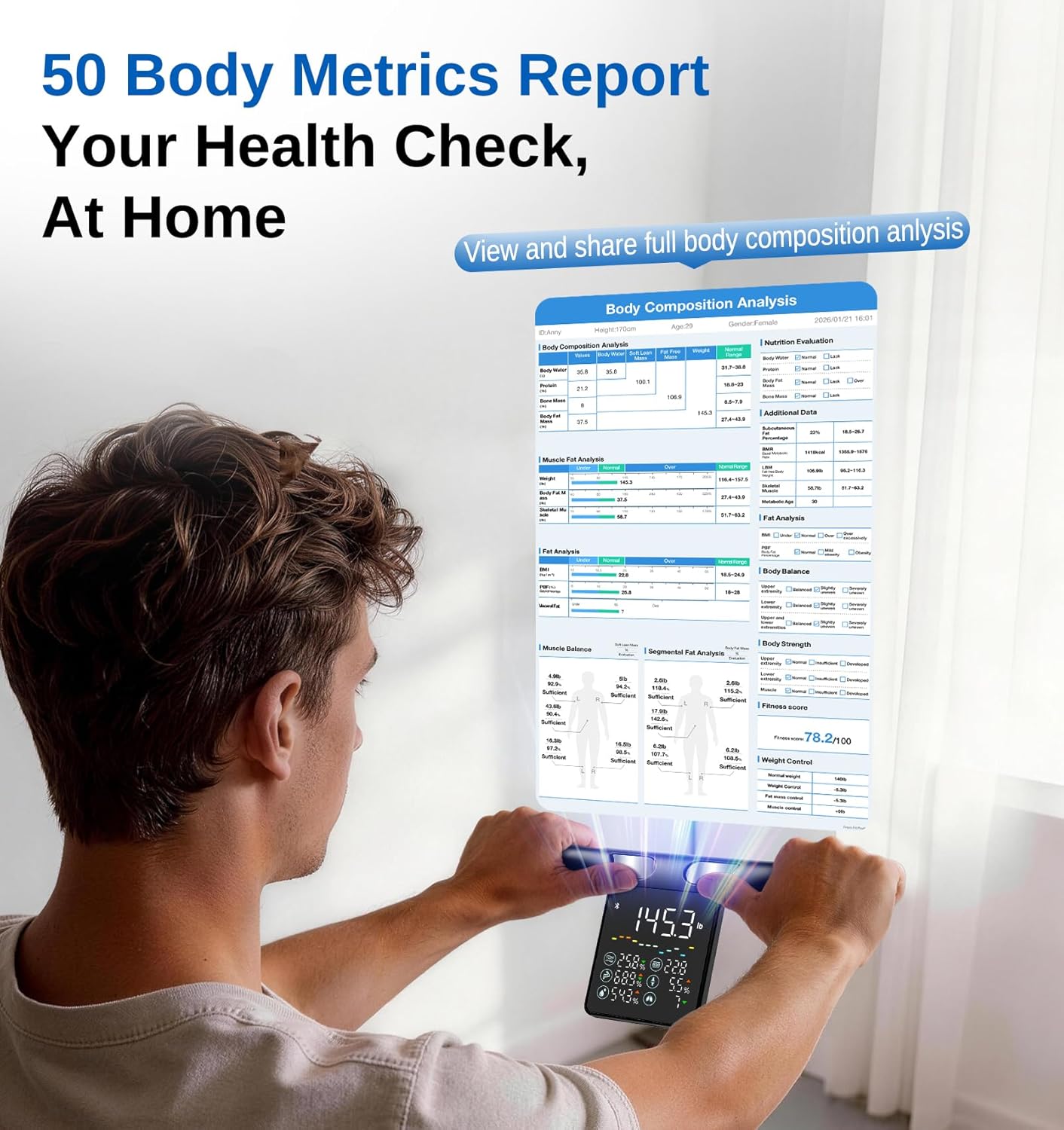 GE Smart Scale for Body Weight: 8-Electrode Body Pod Fat Monitor with Full Body Composition Analysis, Bluetooth App Sync, Large Handle Display, 400lb