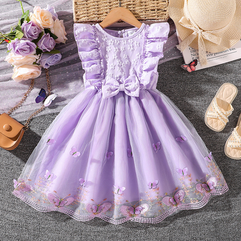 Kids Princess Dress For Girls O-Neck Wing-Sleeve Bowknot Floral Print Embroidery 4-7 Years Summer Sweet Birthday Party Clot