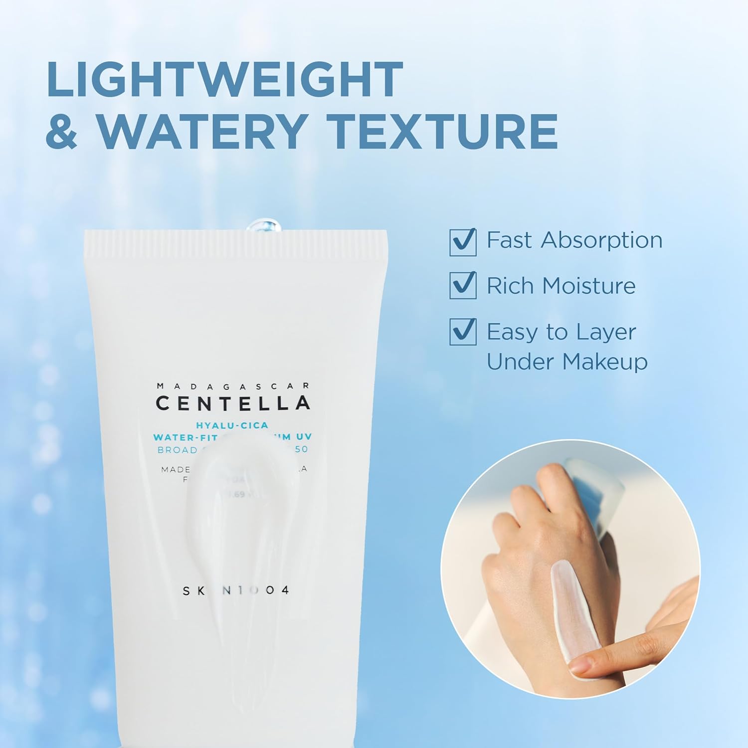 SKIN1004 Centella Hyalu-Cica Water-Fit Sun Serum UV, Korean Sunscreen SPF 50, Centella Sunscreen, Travel Essentials, Sunscreen with Hyaluronic Acid, N