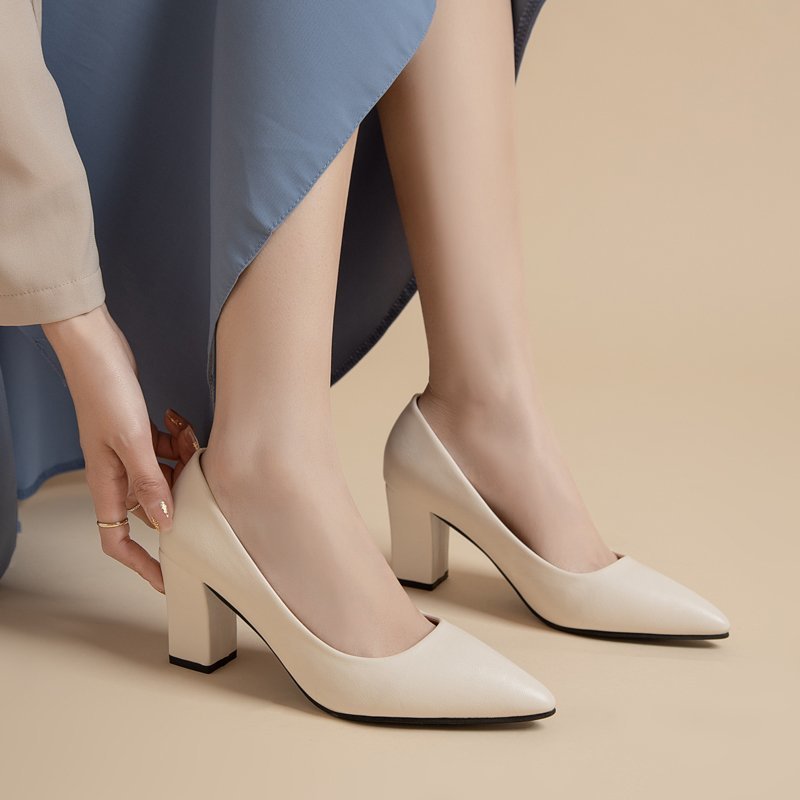 Women's Elegant High Heel Shoes 2023 Women's Thick Heel Shallow Mouth Pointed Solid Color Single Shoes
