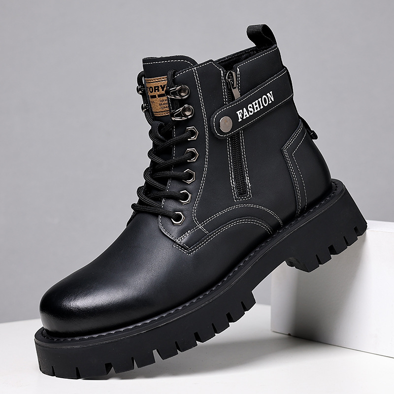 2023 Autumn/Winter New Workwear Thick Sole Men's Shoes Side Zipper Men's Work Boots Martin Boots High Top Plush Cotton Boots