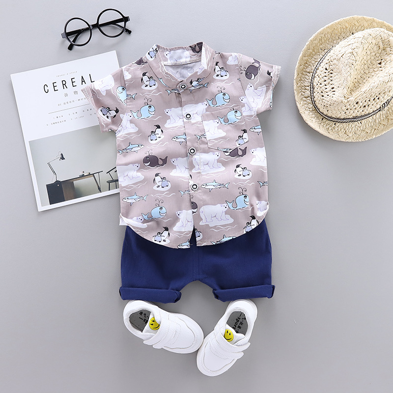 Children's suits summer new children's printed shirt suits boys fashion casual short-sleeved two-piece suit