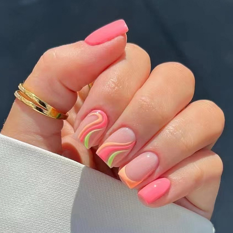 24pcs Pink Yellow Wavy lines Detachable Long Ballerina False Nails With Design Wearable Fake Nails Full Cover Nail Tips