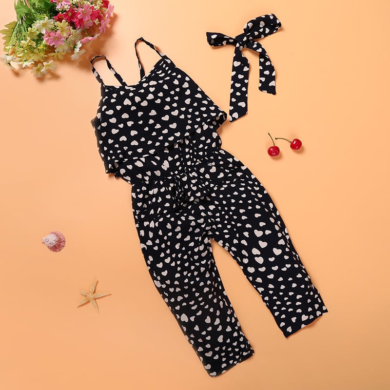Hot-Selling Baby Kids Girls One-piece Sleeveless Heart Dots Bib Playsuit Jumpsuit T-shirt Pants Outfit Clothes 2-7Y