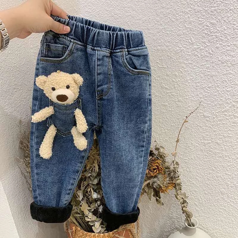 Baby pants 2-6Years Winter Girls Boys Cute Cartoon Bear Jeans Pant Baby Kids Children Thick Warm Fleece Denim Trousers